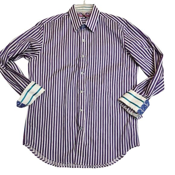 Robert‎ Graham tailored fit button front  flip cuff striped dress shirt Sz M - Picture 11 of 12